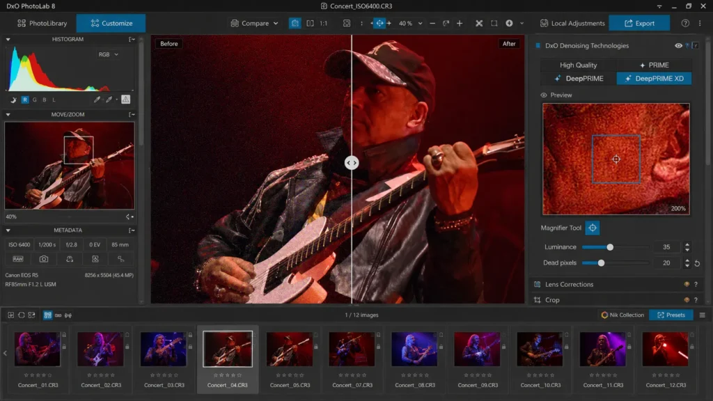 DxO PhotoLab DeepPRIME XD denoise before and after comparison on an ISO 6400 concert RAW photo