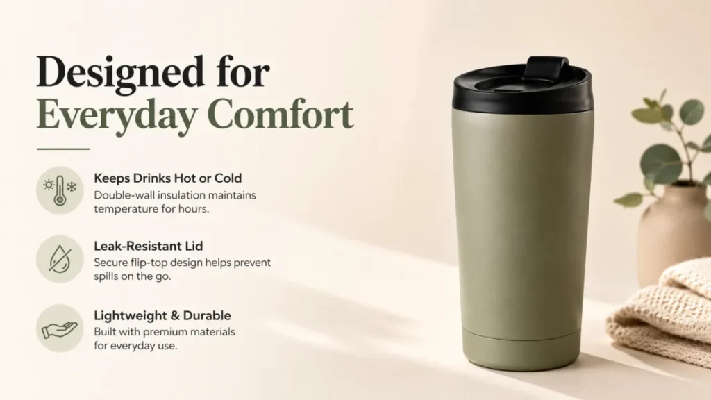 Ecommerce feature graphic showing a sage-green travel tumbler beside three feature callouts for temperature control, a leak-resistant lid, and lightweight durability.
