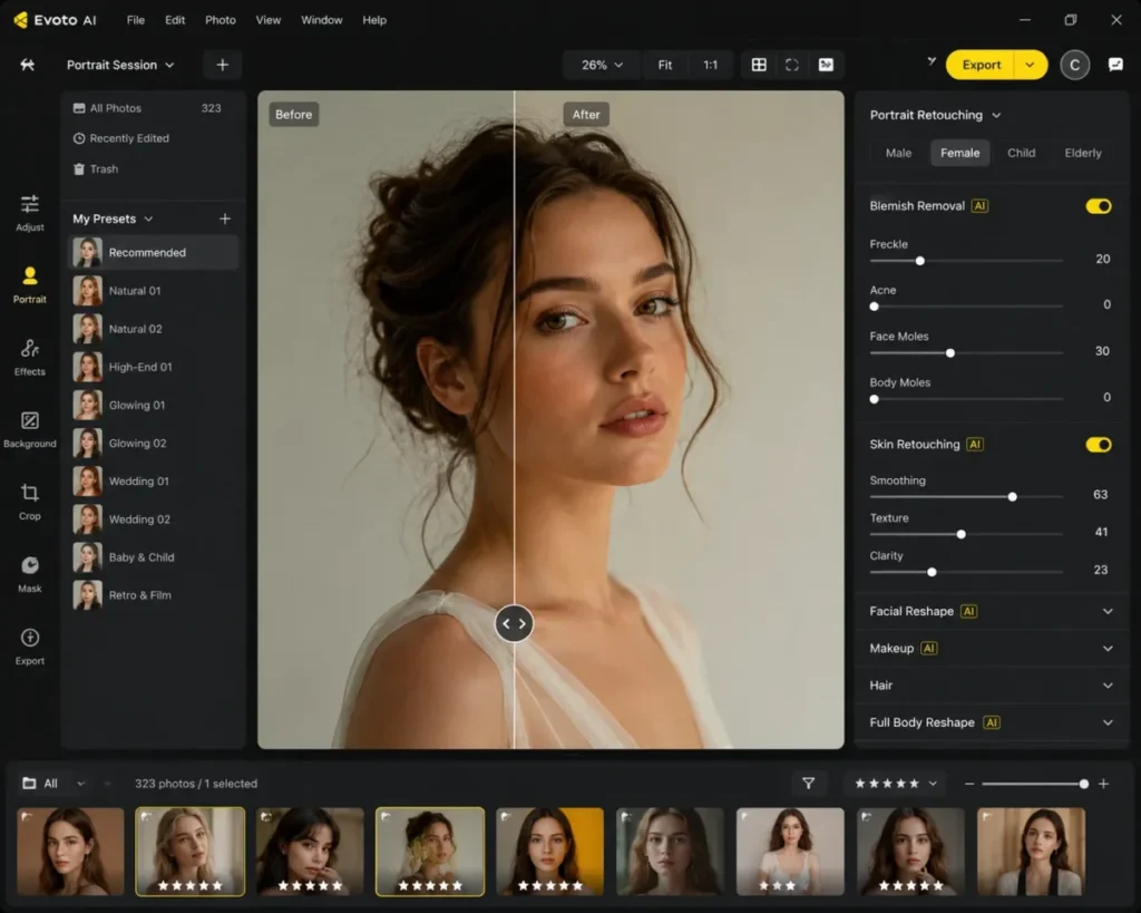 Evoto AI desktop retouching interface showing a studio headshot with skin retouching sliders and batch portrait filmstrip