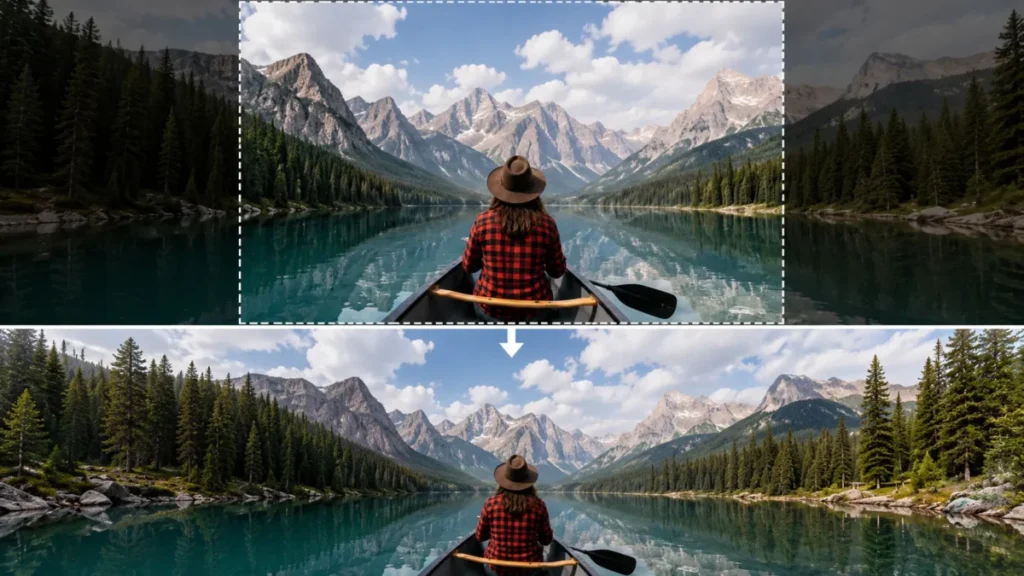 Before-and-after canvas extension showing a canoeist on a mountain lake, with the original cropped image expanded sideways to reveal more forest, shoreline, water, and mountains.