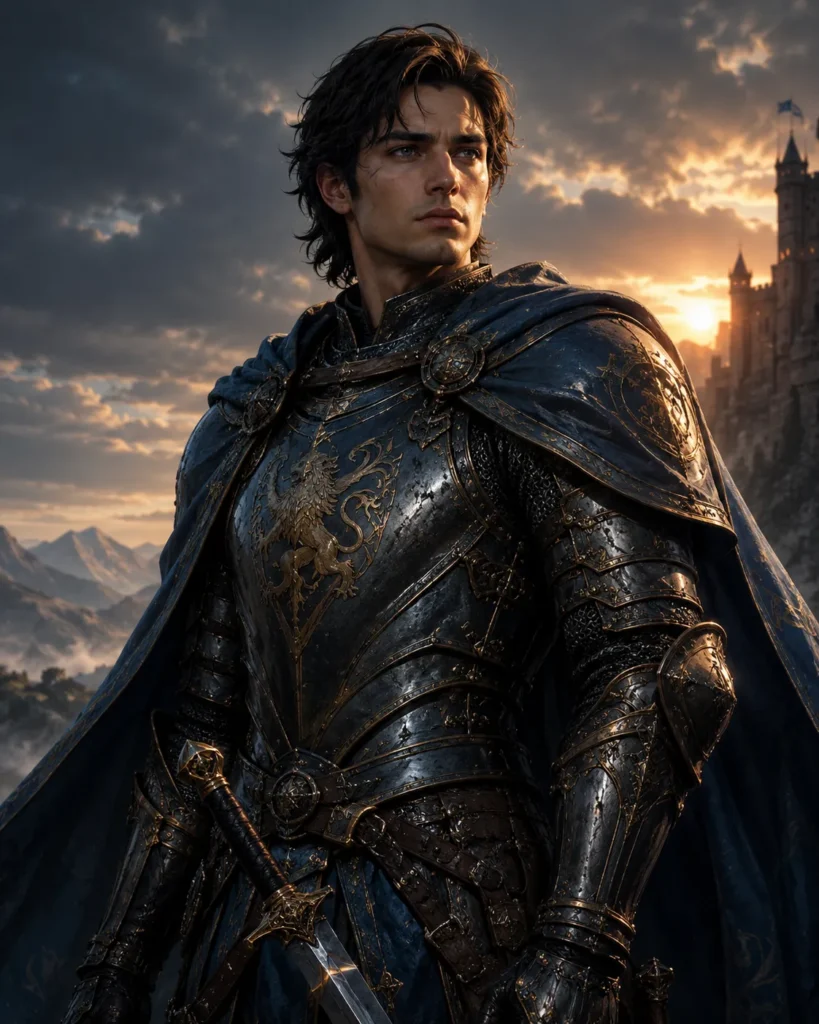 Cinematic fantasy hero portrait of a young knight wearing detailed blue-and-gold armor and a dark cloak, with mountains and a castle at sunset.