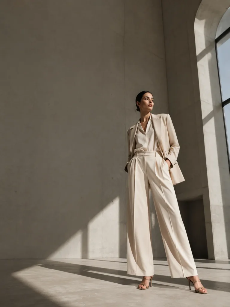 Full-body fashion model in an ivory suit standing in a minimalist concrete gallery with empty space in the upper left.