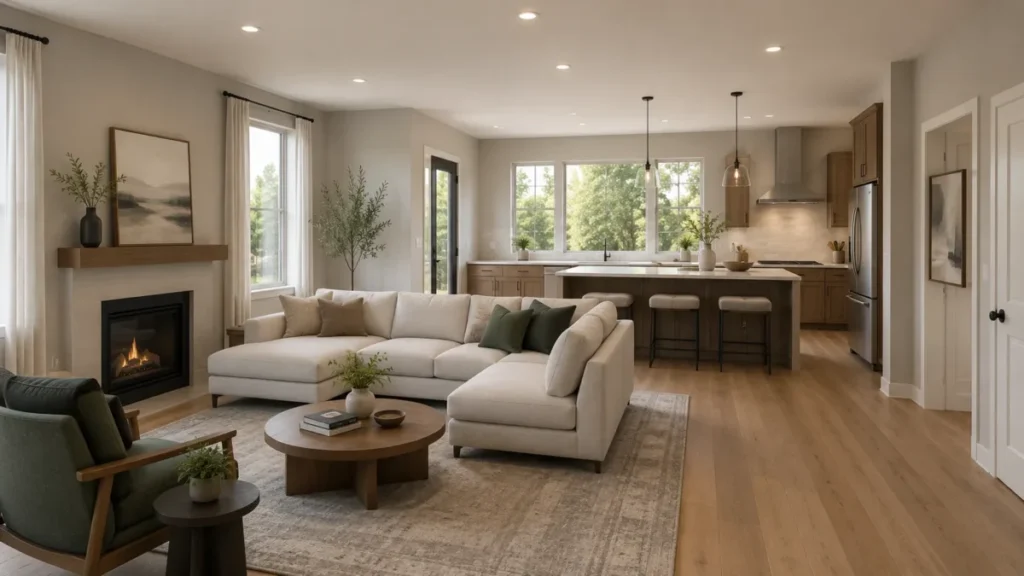 Wide open-plan living room and kitchen with preserved room proportions, window and door positions, a cream sectional, fireplace, island, and warm wood flooring.