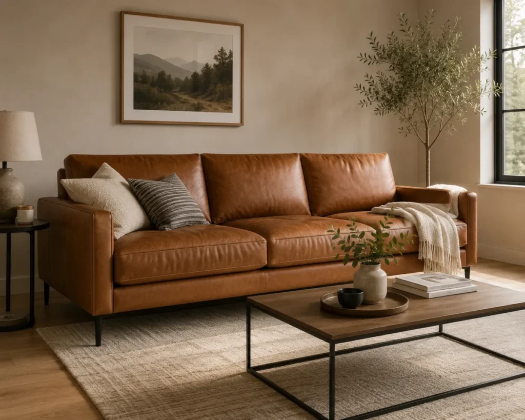 Modern living room with a caramel leather sofa, neutral rug, wooden coffee tabletop, side lamp, framed wall art, and indoor tree.