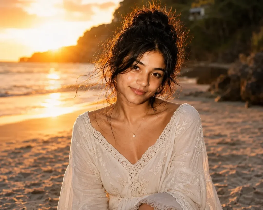 Gemini AI Photo Prompt Copy Paste example showing a beach golden-hour portrait with warm backlight, hair rim light, and natural skin texture