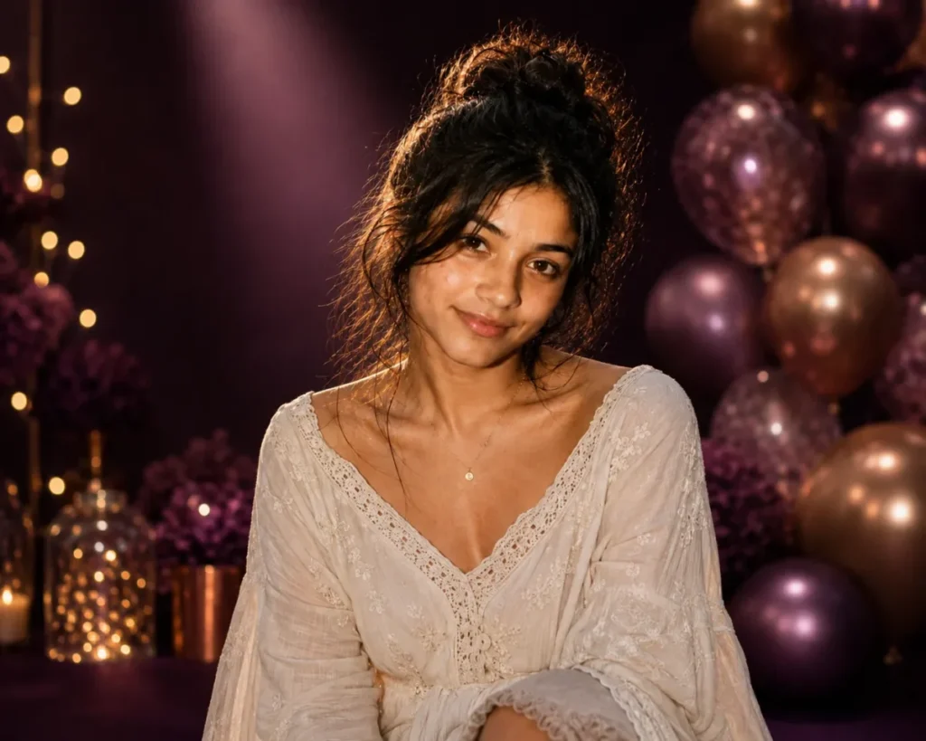 Gemini AI Photo Prompt Copy Paste example showing a birthday studio portrait with a plum backdrop, soft spotlight, and balloon bokeh