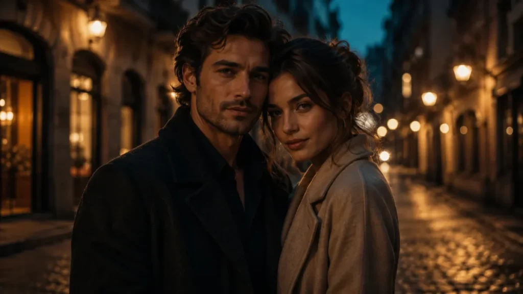 Gemini AI Photo Prompt Copy Paste example showing a cinematic couple portrait with teal and amber color grading and preserved facial identity