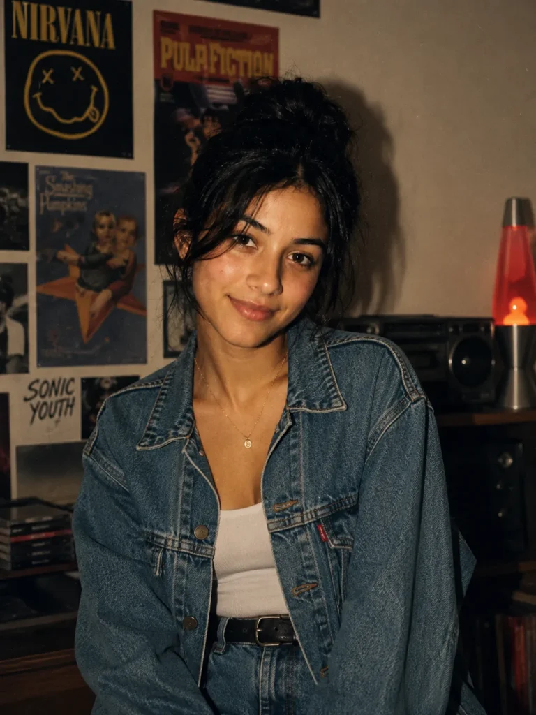 Gemini AI Photo Prompt Copy Paste example showing a 1990s era-swap portrait with period denim, vintage film grain, and preserved facial identity