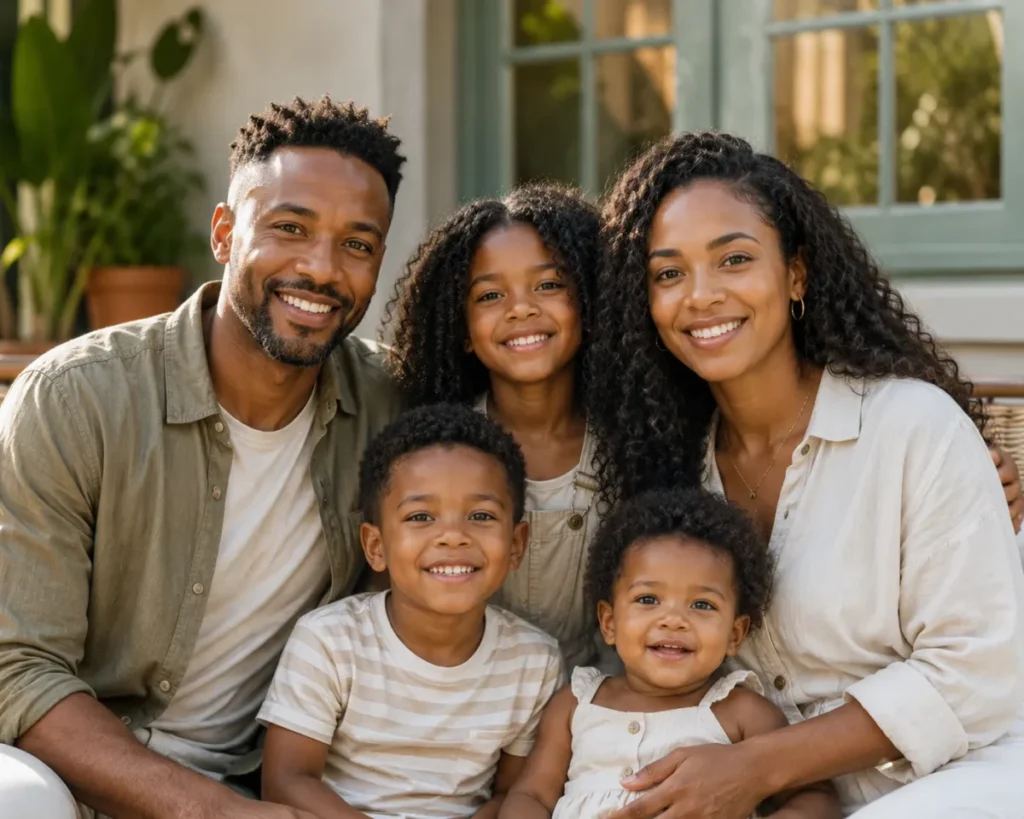Gemini AI Photo Prompt Copy Paste example showing a family group portrait with soft daylight and clear facial details