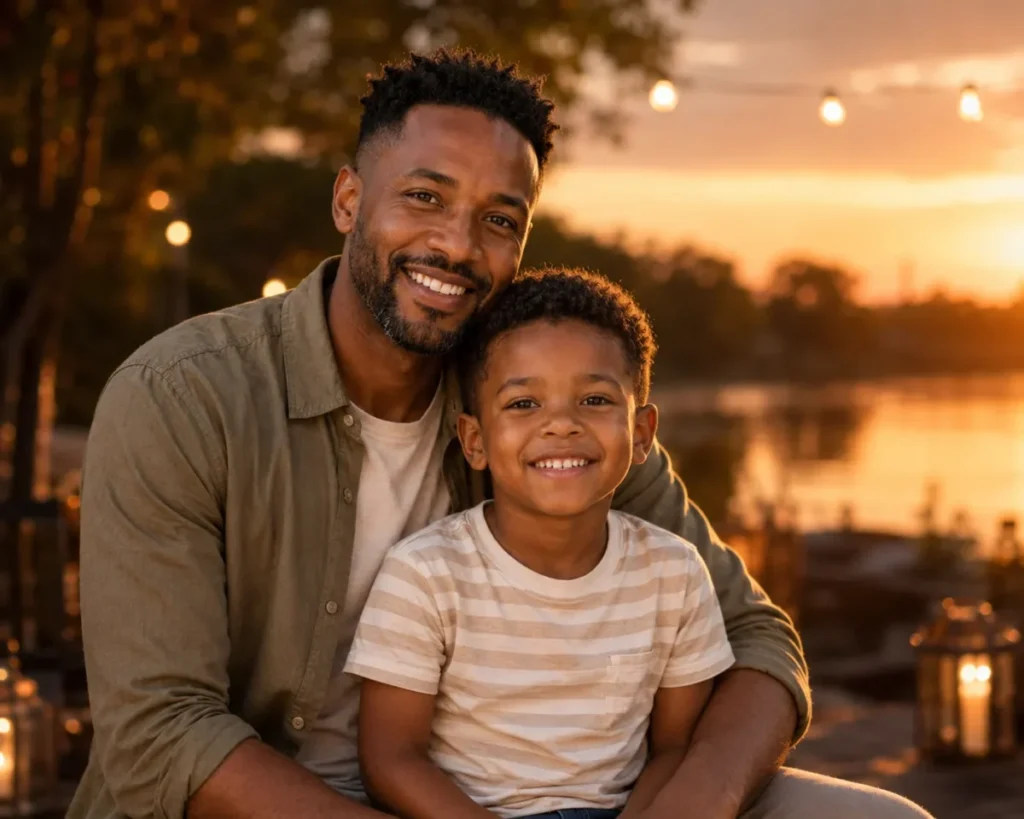 Gemini AI Photo Prompt Copy Paste example showing a father and child portrait at golden hour with preserved facial identity and age