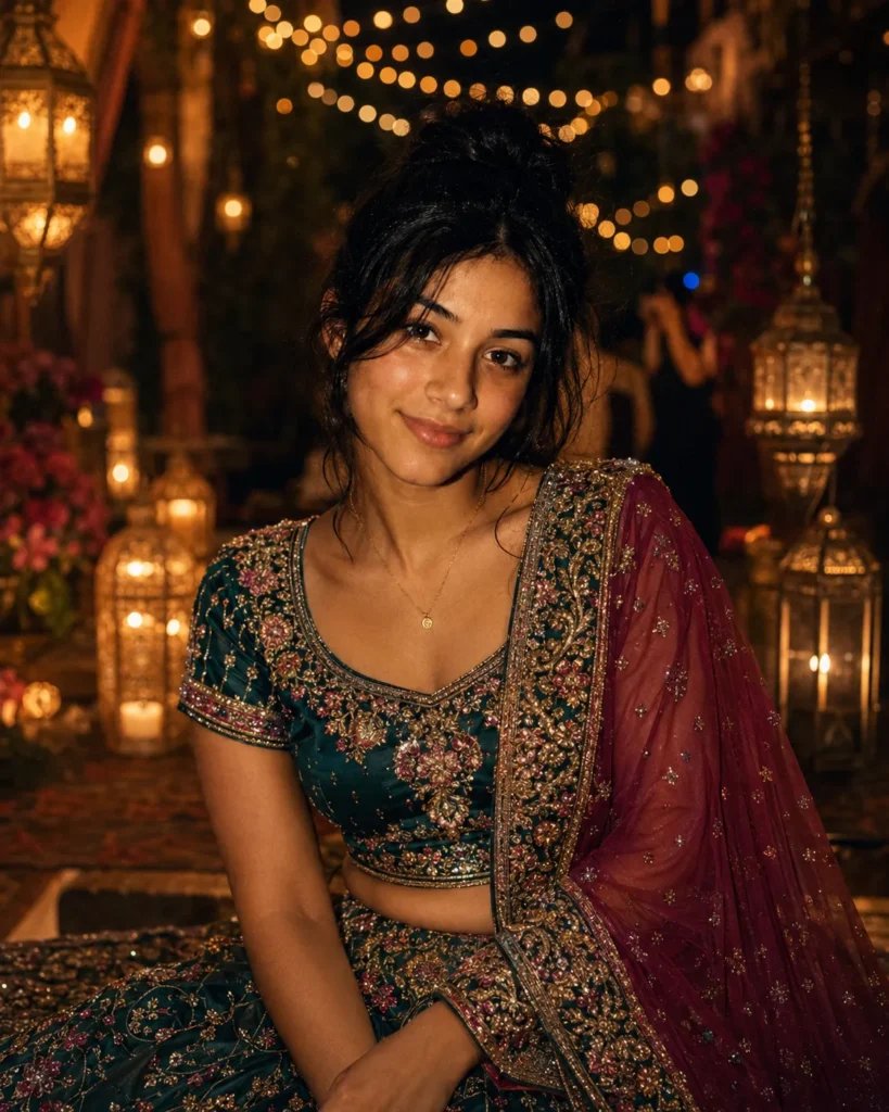 Gemini AI Photo Prompt Copy Paste example showing a festival traditional-wear portrait with detailed embroidery and preserved facial identity