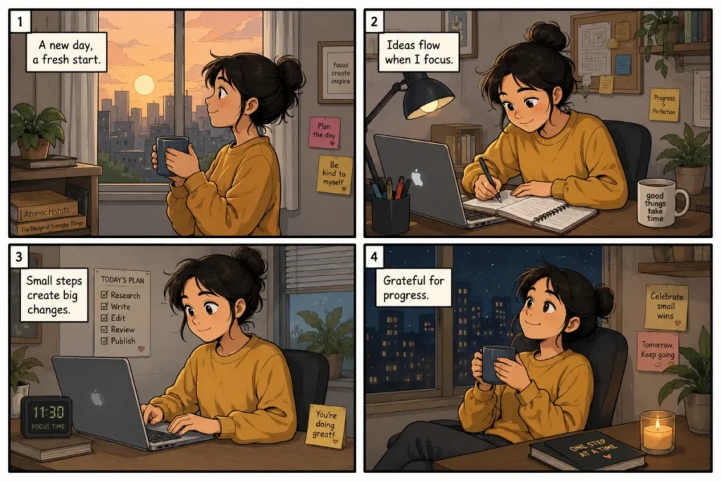 Gemini AI Photo Prompt Copy Paste example showing a four-panel comic with consistent character design, color palette, and line style