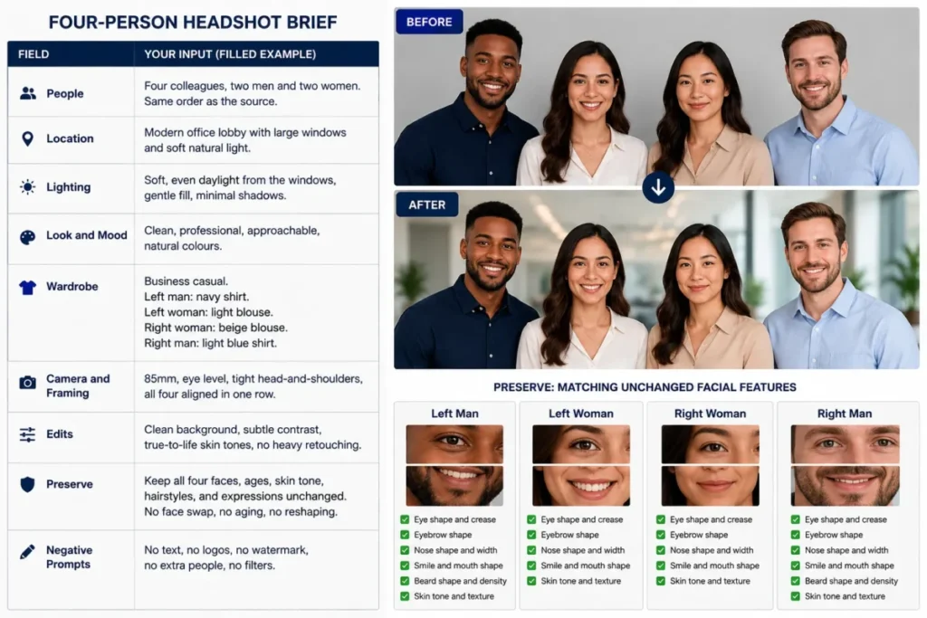 Gemini AI Photo Prompt Copy Paste example showing a filled-in four-person headshot brief with before-and-after portraits and preserved facial features
