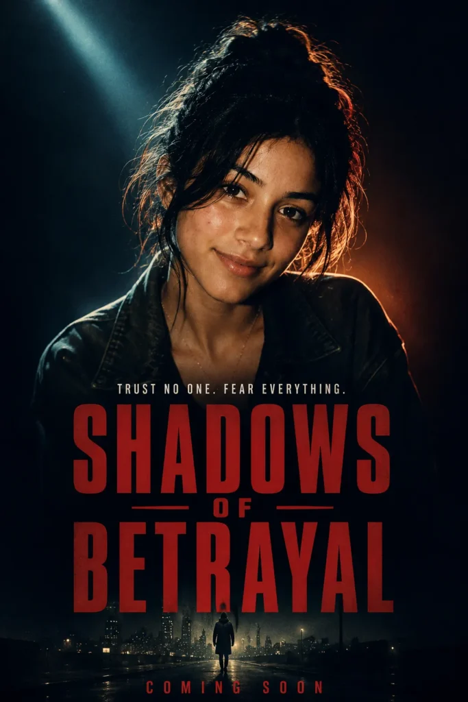 Gemini AI Photo Prompt Copy Paste example showing a cinematic key art poster with teal-orange rim lighting and the title Shadows of Betrayal