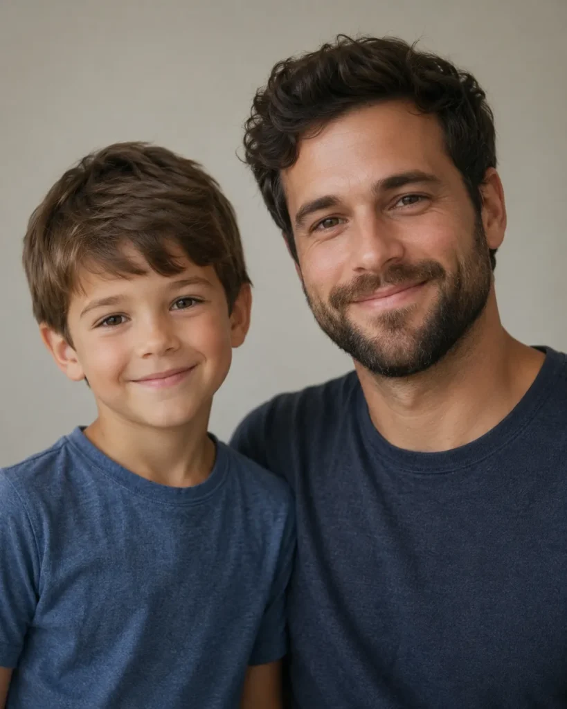 Gemini AI Photo Prompt Copy Paste example showing a child and adult together in a matched then-and-now portrait