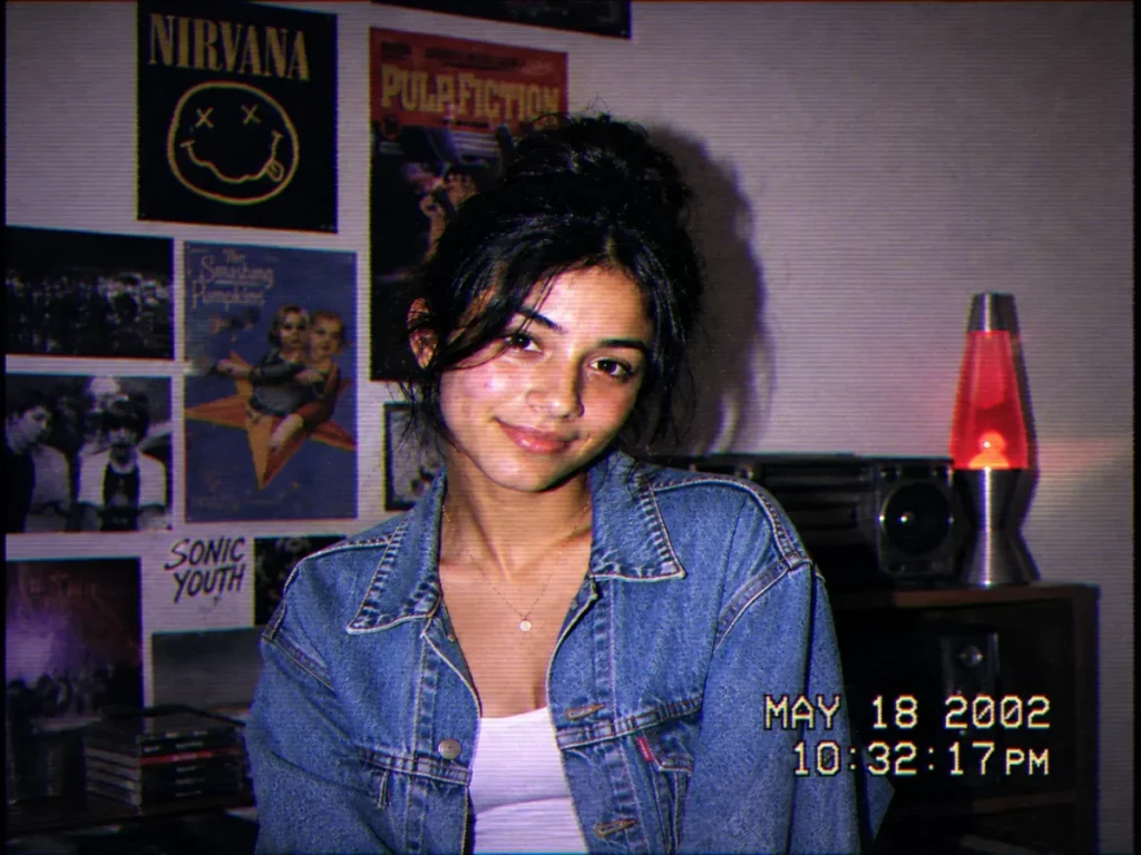 Gemini AI Photo Prompt Copy Paste example showing a Y2K camcorder still with direct flash, scanline artifacts, color fringing, and a timestamp
