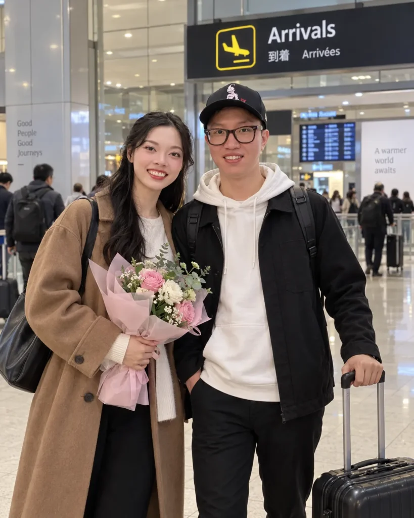 Gemini Couple Photo Prompts example of a couple standing close and smiling in an airport arrivals hall with a small carry-on bag
