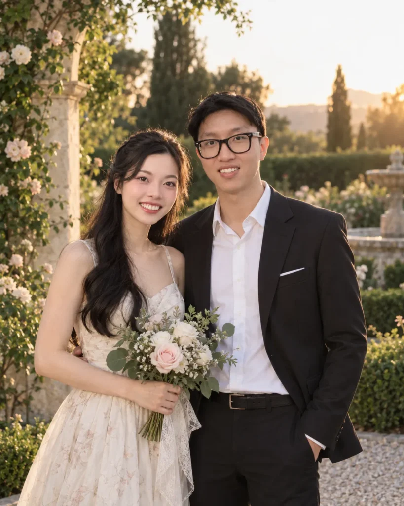 Prompt 31: Anniversary Garden Portrait, showing a couple posing closely in an elegant garden during warm late-afternoon light.