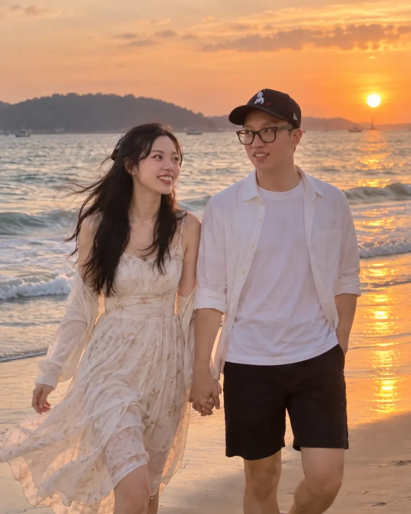 Gemini couple photo prompt showing a couple walking hand in hand near the waterline at sunset.