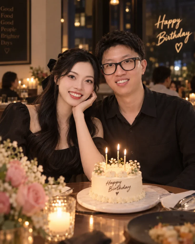 Gemini Couple Photo Prompts example of a couple seated at a warm birthday dinner with a small cake and subtle candles