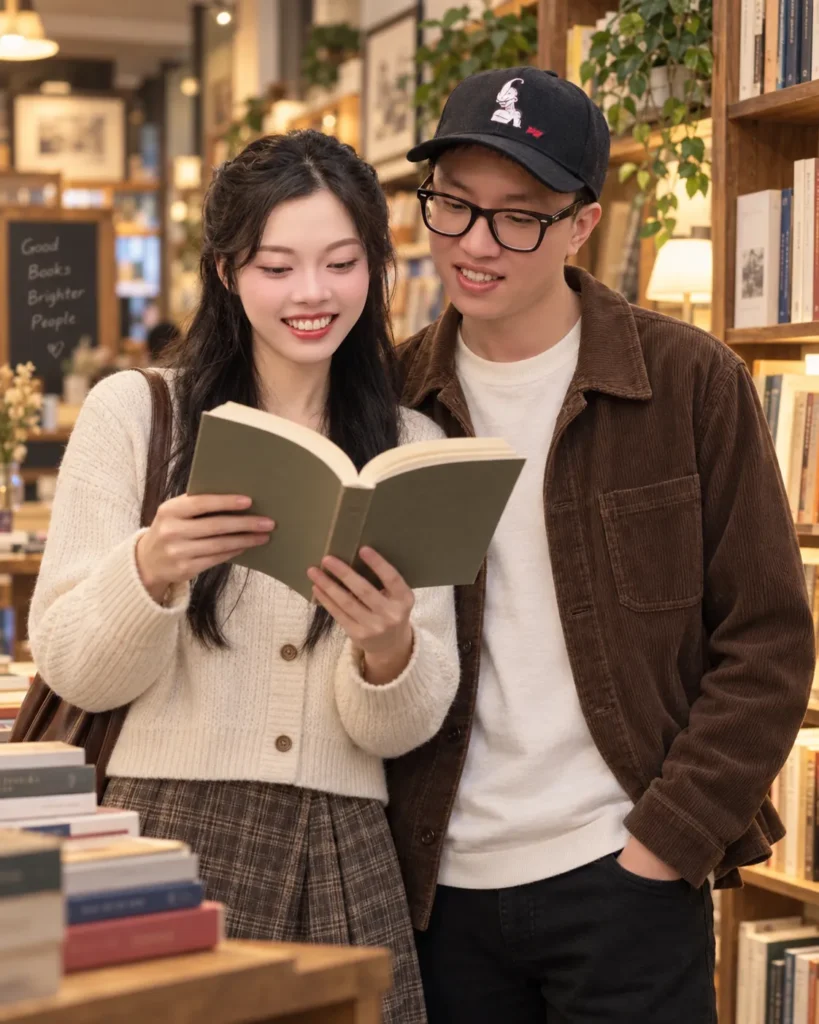 Gemini couple photo prompt showing one partner holding an open book while the other looks over with a small smile in an independent bookstore.