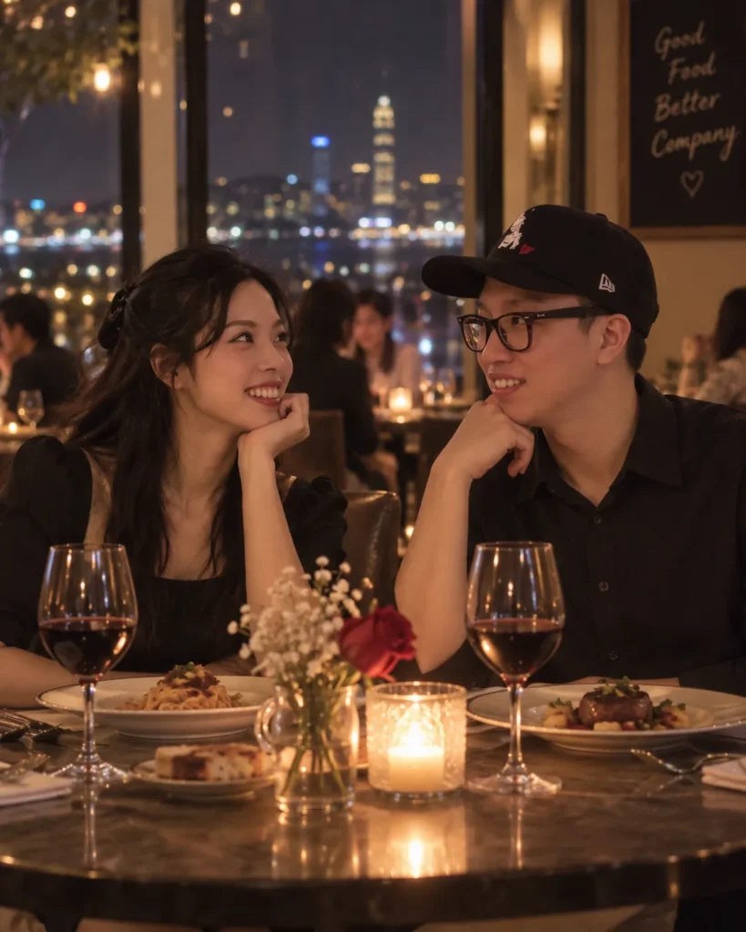 Gemini couple photo prompt showing a couple seated across a candlelit restaurant table and looking at each other.