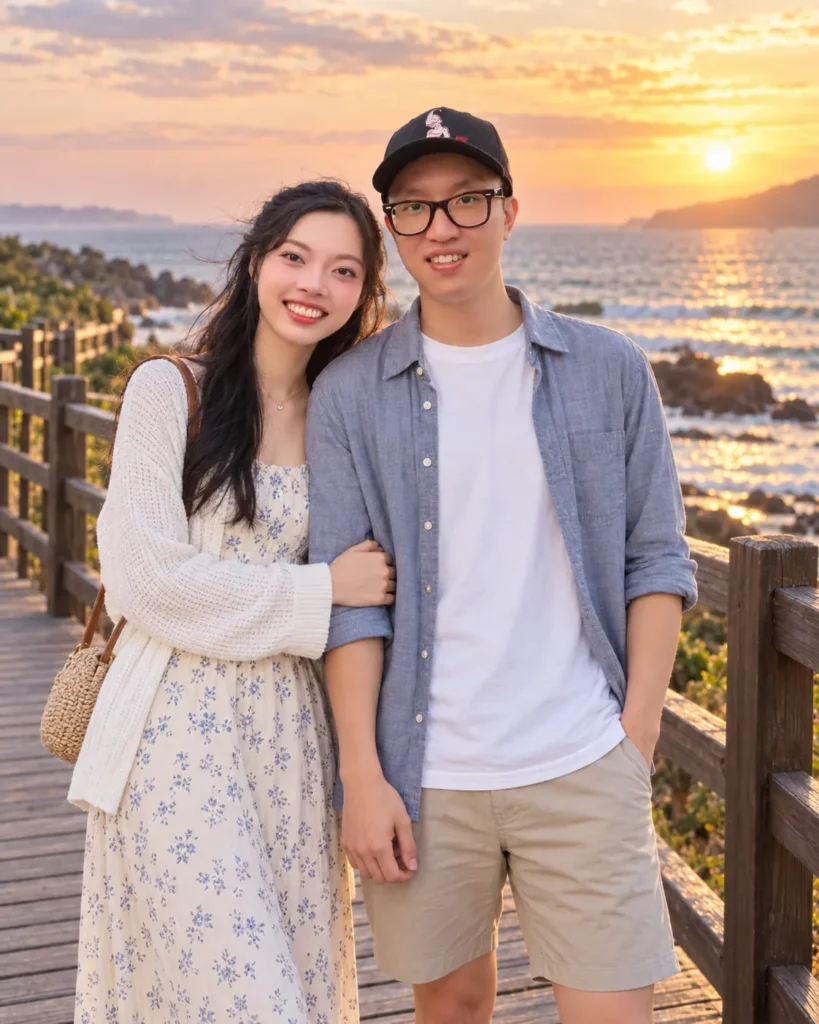 Gemini Couple Photo Prompts example of a couple standing close on a coastal boardwalk at sunset in simple travel clothing