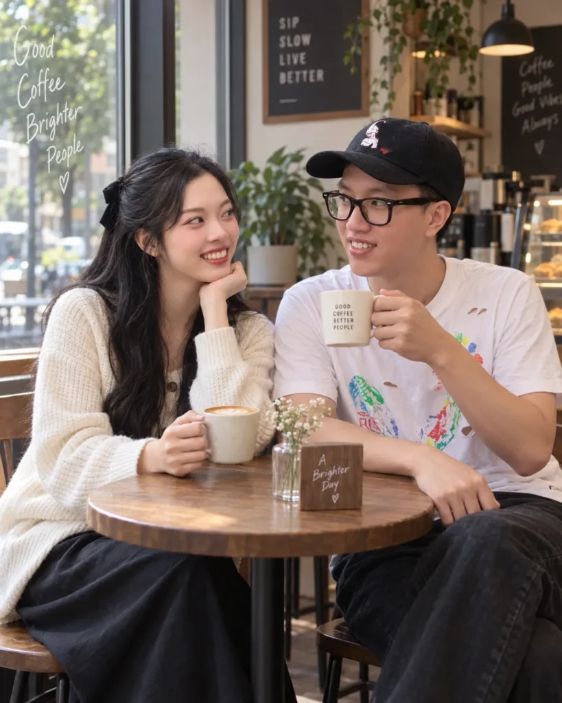 Gemini couple photo prompt showing a couple seated by a coffee shop window with one cup each, talking and smiling.