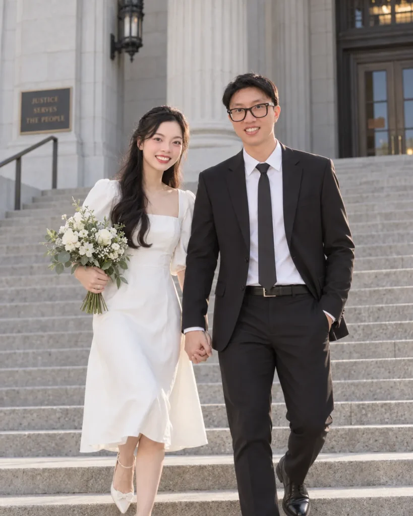 Gemini Couple Photo Prompts example of a couple walking down broad courthouse steps in modern formalwear while holding hands