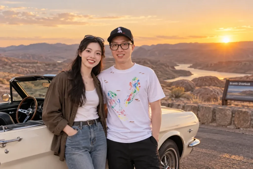 Gemini Couple Photo Prompts example of a couple standing beside a vintage convertible at a desert overlook near sunset