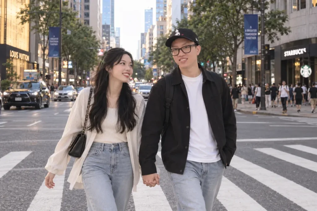 Gemini couple photo prompt showing a couple crossing a broad downtown street together, mid-step and smiling in coordinated casual outfits.