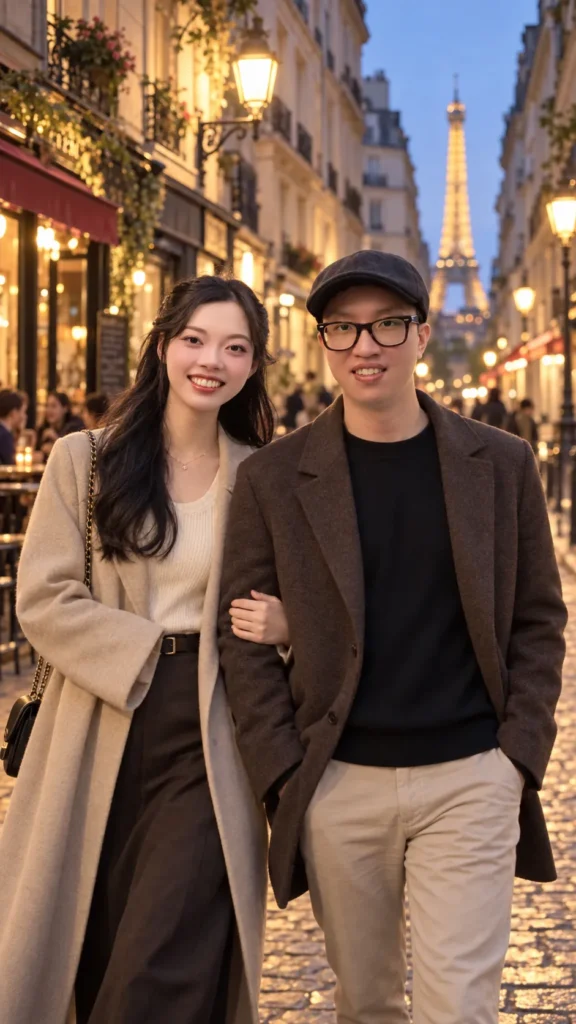 Gemini Couple Photo Prompts example of a couple walking along a narrow Parisian-style street in the evening in smart-casual clothing