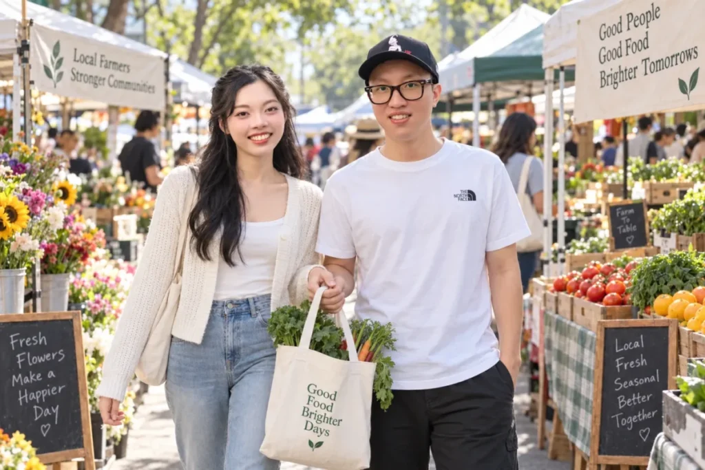 Gemini Couple Photo Prompts example of a couple walking through an outdoor farmers market while carrying one small reusable bag together