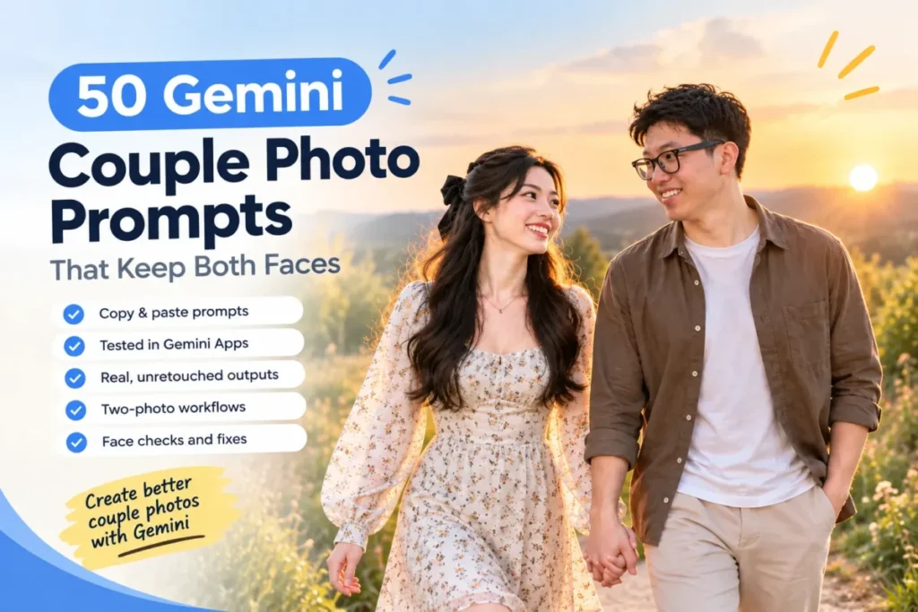 50 Gemini couple photo prompts tested in Gemini Apps with real outputs and face-preservation checks