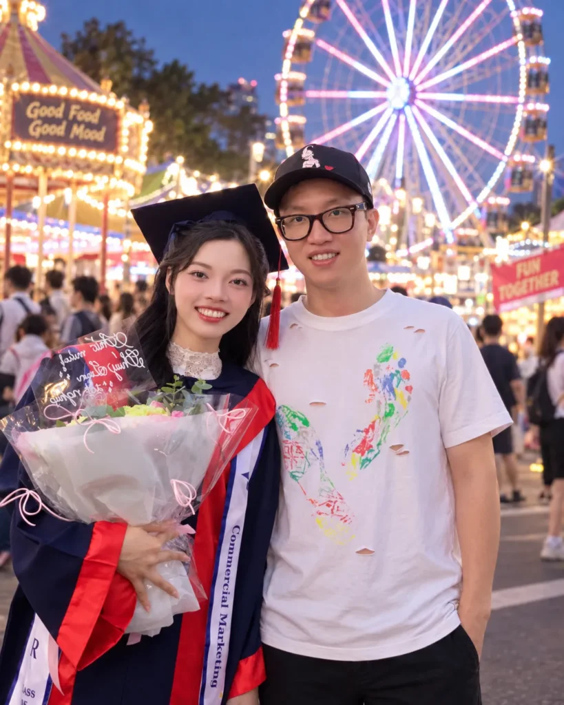 Gemini couple photo prompt showing a couple standing close together at a fairground with a glowing Ferris wheel behind them.
