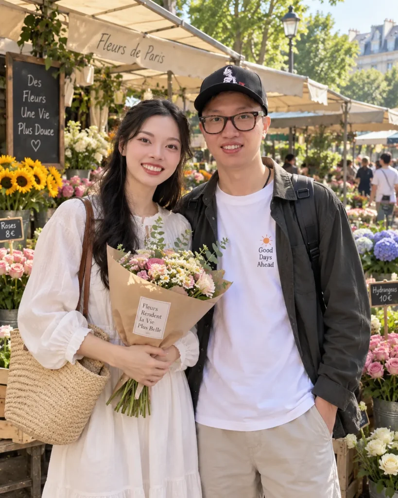 Gemini Couple Photo Prompts example of a couple standing at an outdoor flower market in the morning with one holding a small bouquet