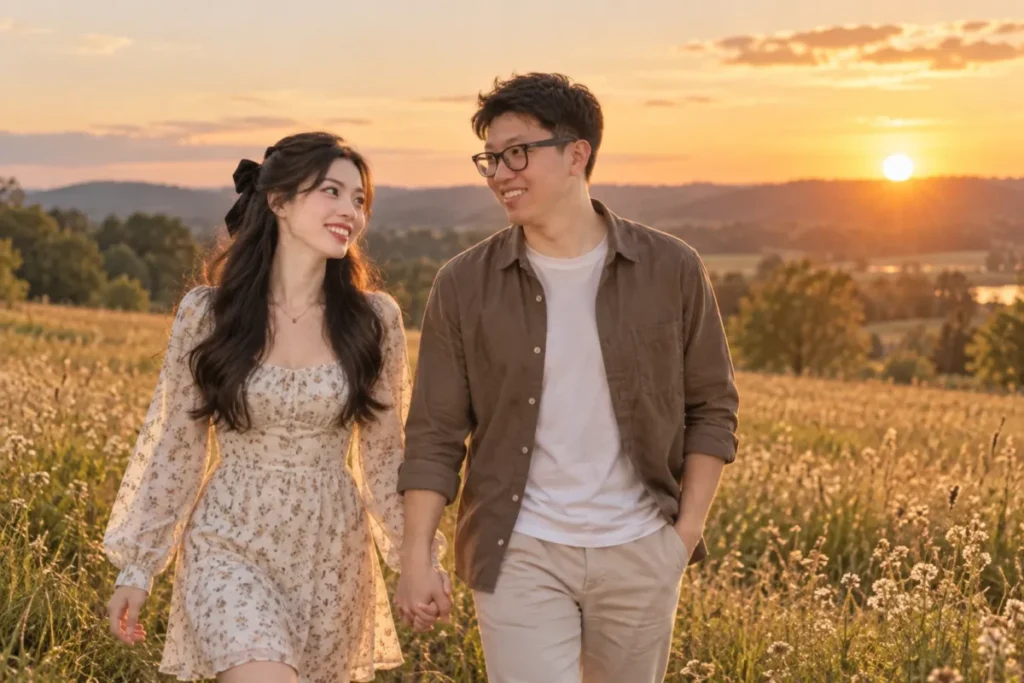 Gemini Couple Photo Prompts example of a couple walking hand in hand through an open field at golden hour in coordinated casual clothing