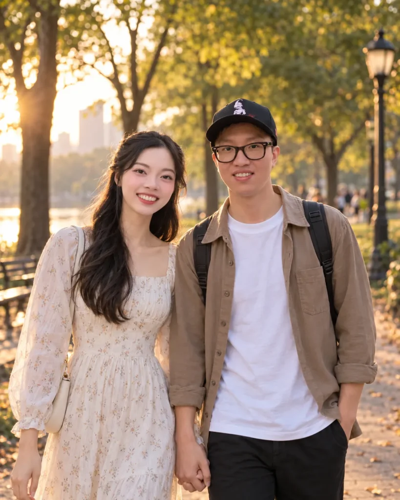 Gemini Couple Photo Prompts example of a couple walking hand in hand on a tree-lined park path at golden hour
