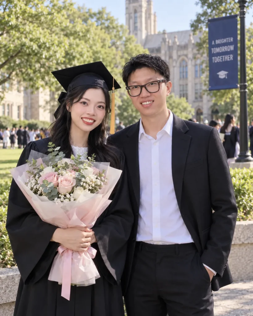 Gemini Couple Photo Prompts example of a couple posing together outdoors on graduation day with one wearing a cap and gown