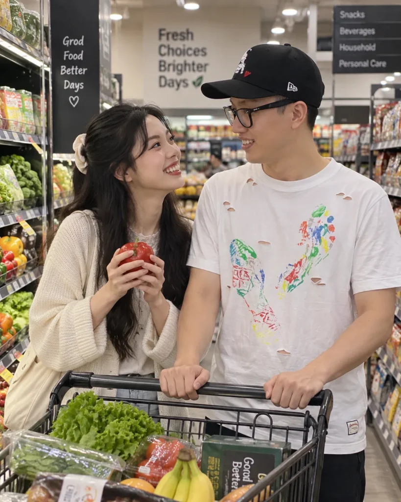 Gemini couple photo prompt showing a couple standing beside a grocery cart in a supermarket aisle and laughing at each other.