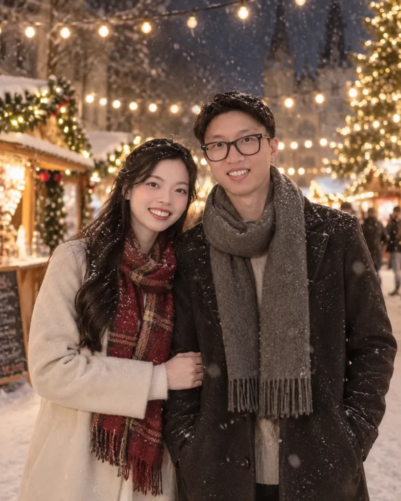 Gemini Couple Photo Prompts example of a couple standing beneath warm holiday string lights in winter coats and scarves as light snow falls