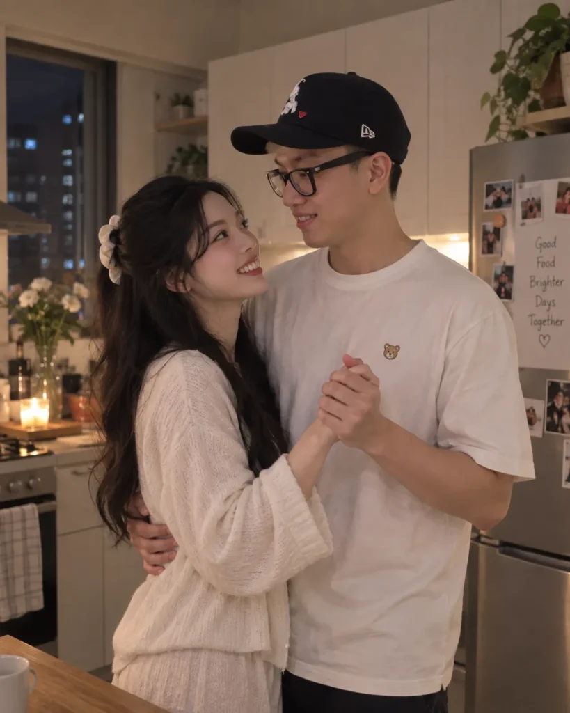Gemini couple photo prompt showing a couple slow dancing in a cozy home kitchen at night with natural hand placement.