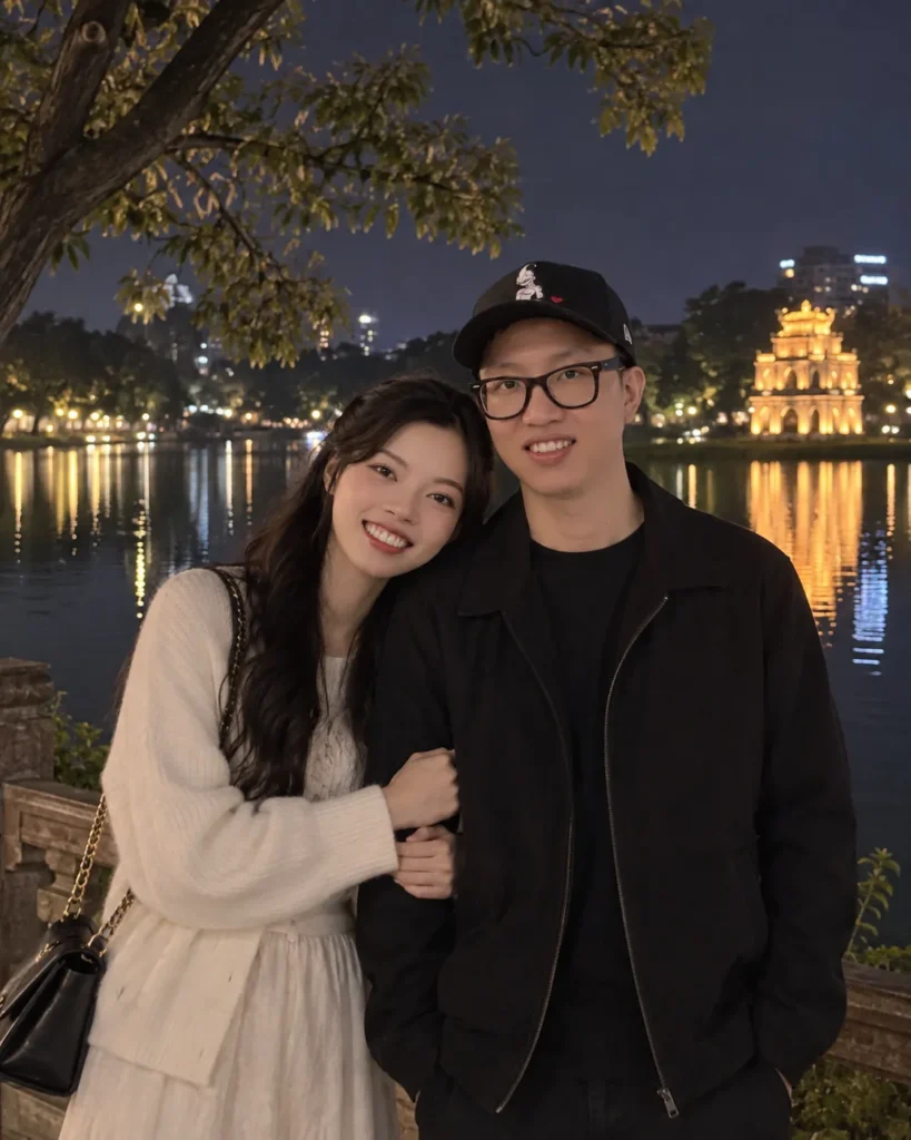 Gemini couple photo prompt showing a couple standing close together beside a calm lake at night with city lights reflecting on the water.