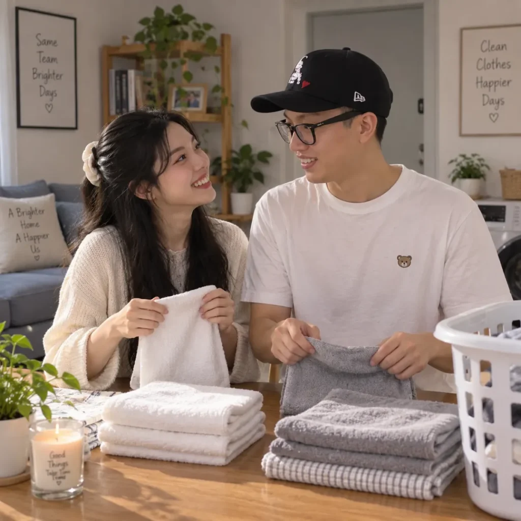 Gemini couple photo prompt showing a couple folding clean towels together at a table at home.