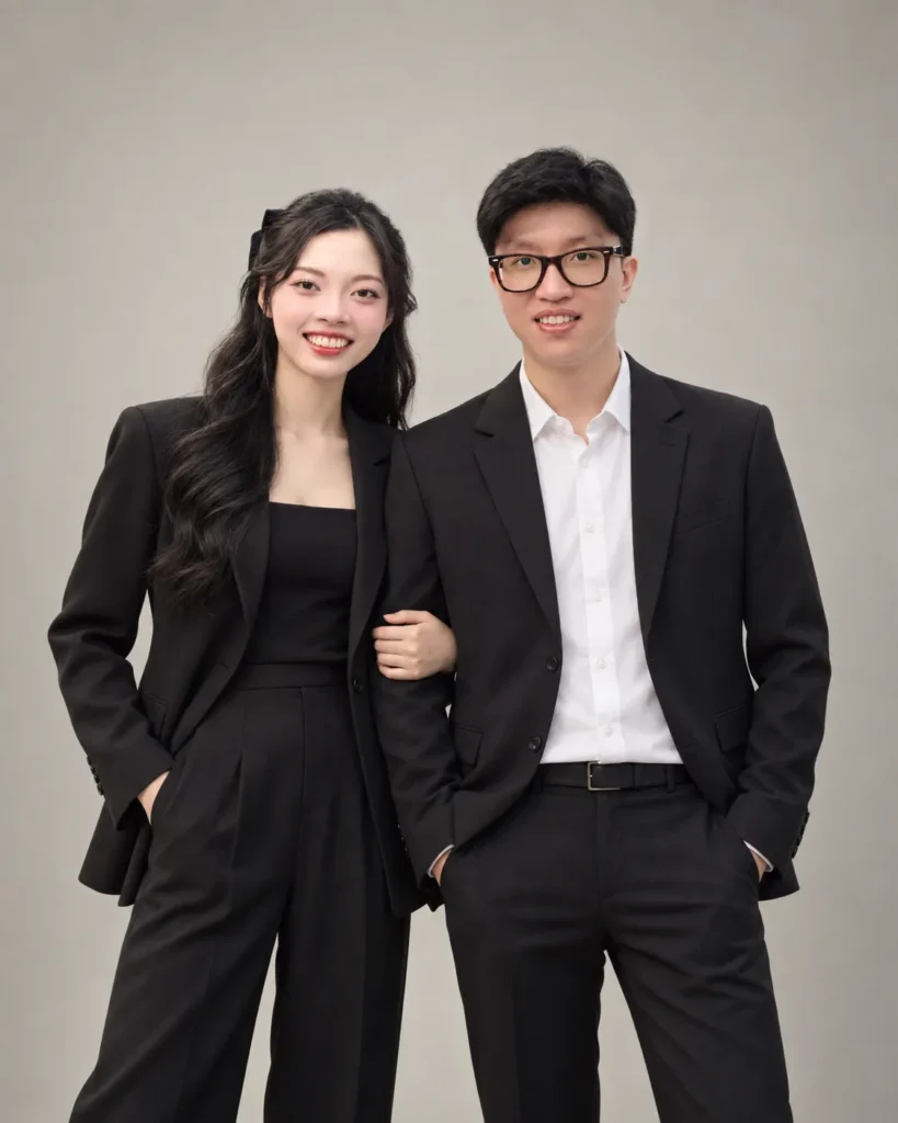 Gemini Couple Photo Prompts example of a couple in a magazine-style studio portrait wearing coordinated tailored outfits with clear space above