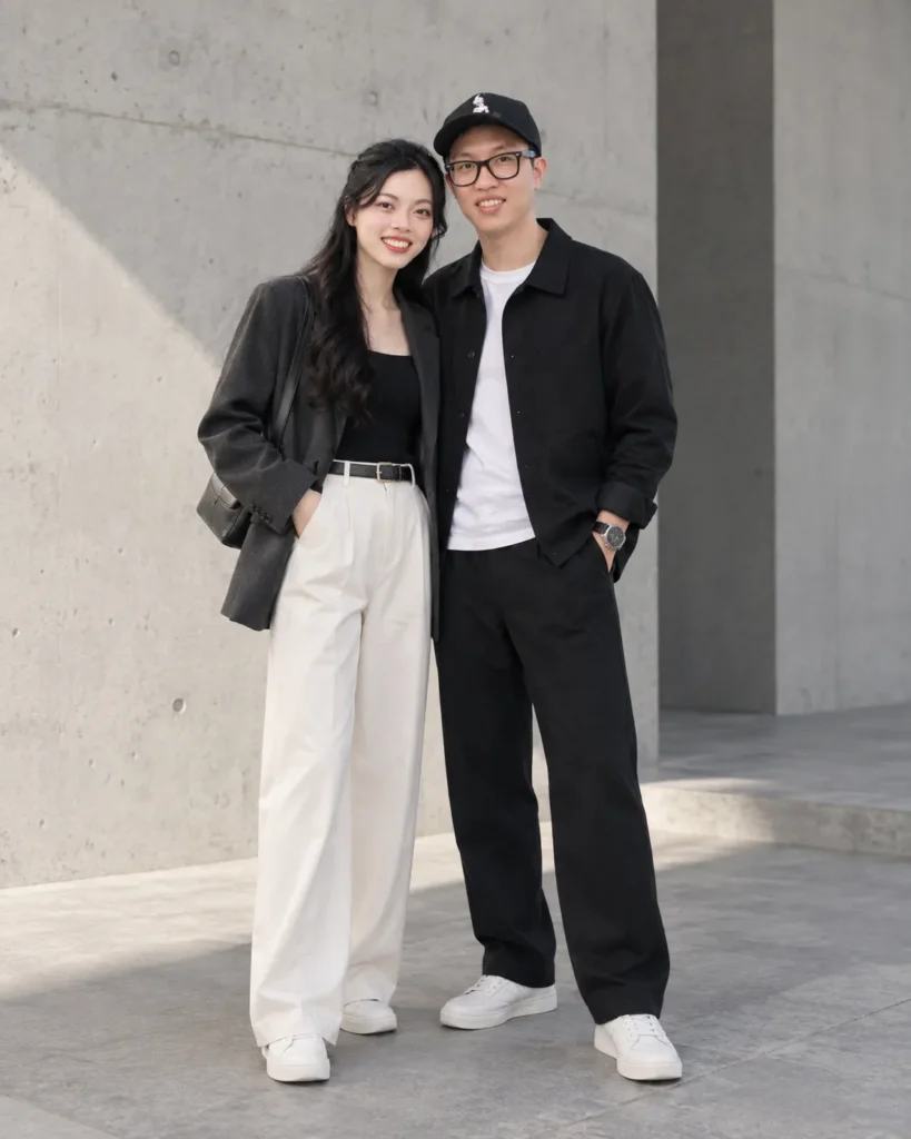 Gemini Couple Photo Prompts example of a couple in a full-length minimal fashion editorial against clean concrete architecture