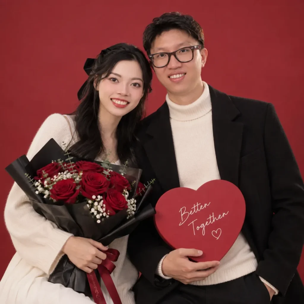 Gemini Couple Photo Prompts example of a couple posing in a modern Valentine studio against a rose-red background in coordinated cream and black outfits