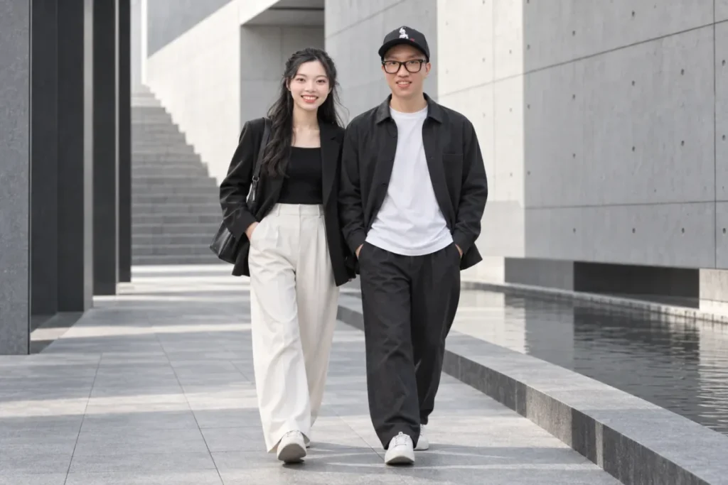 Gemini Couple Photo Prompts example of a couple walking beside modern geometric architecture in minimalist monochrome clothing