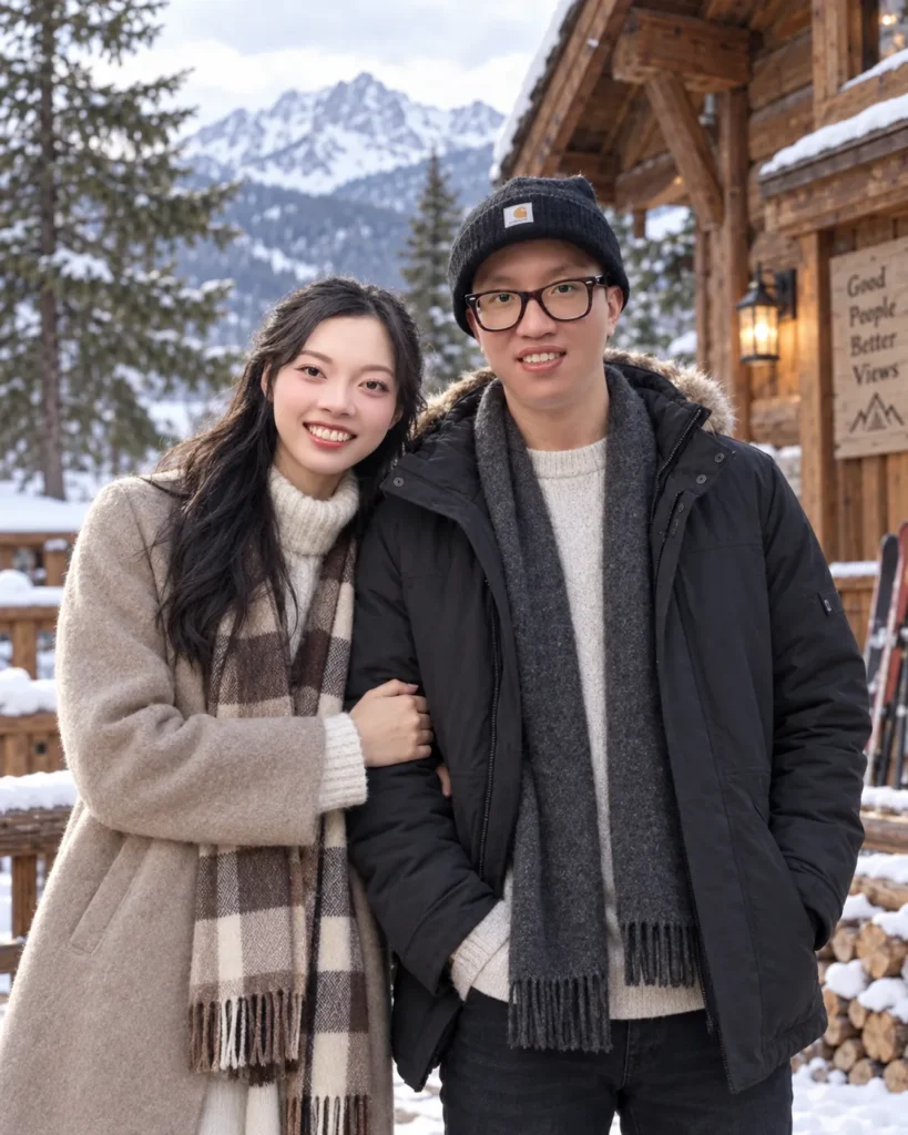 Gemini Couple Photo Prompts example of a couple standing outside a wooden mountain cabin in early winter wearing neutral coats