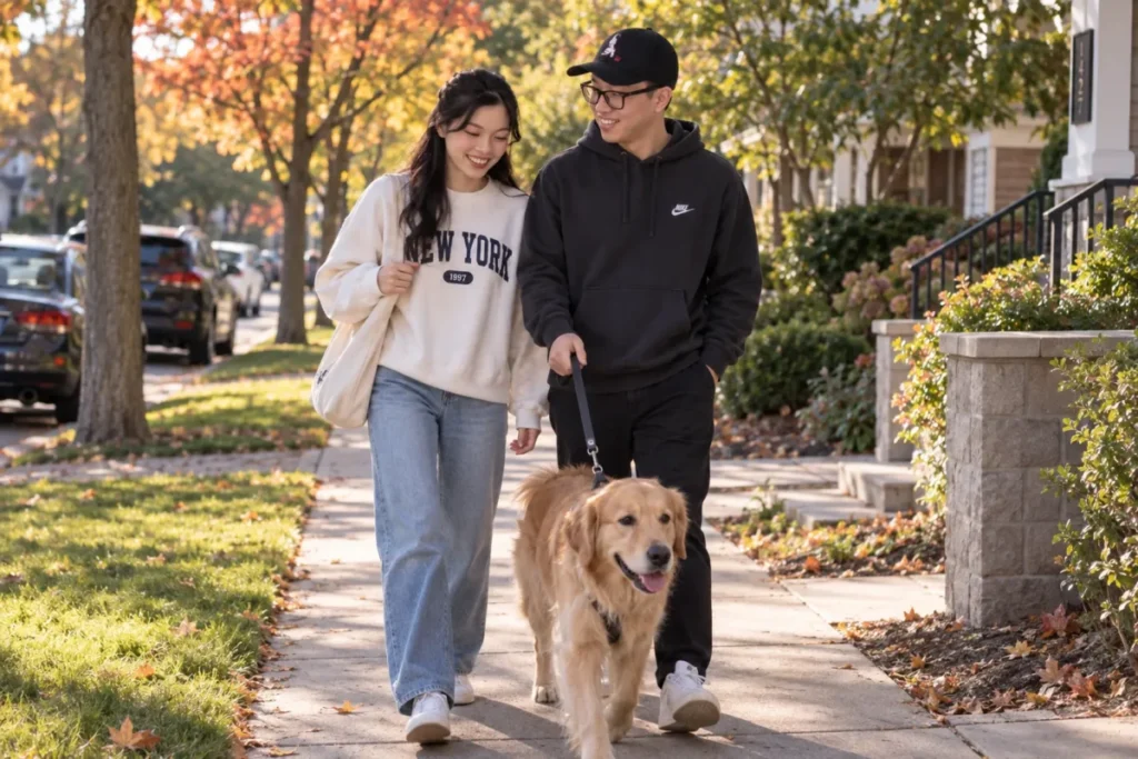 Gemini Couple Photo Prompts example of a couple walking side by side on a neighborhood sidewalk with a calm dog on a leash